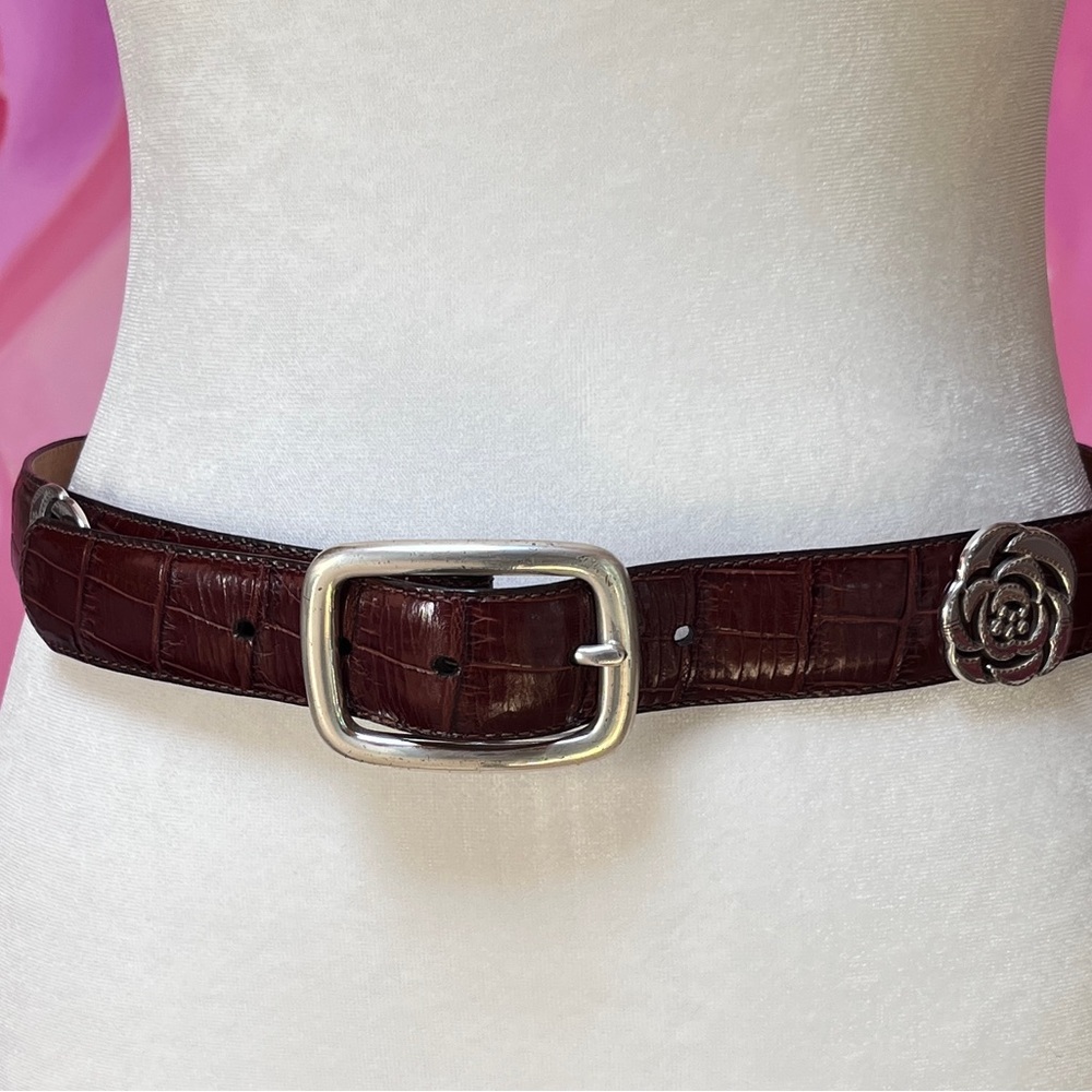 Brighton Brown Crocodile Embossed Silver Tone Rose Embellished Belt - M/L 32